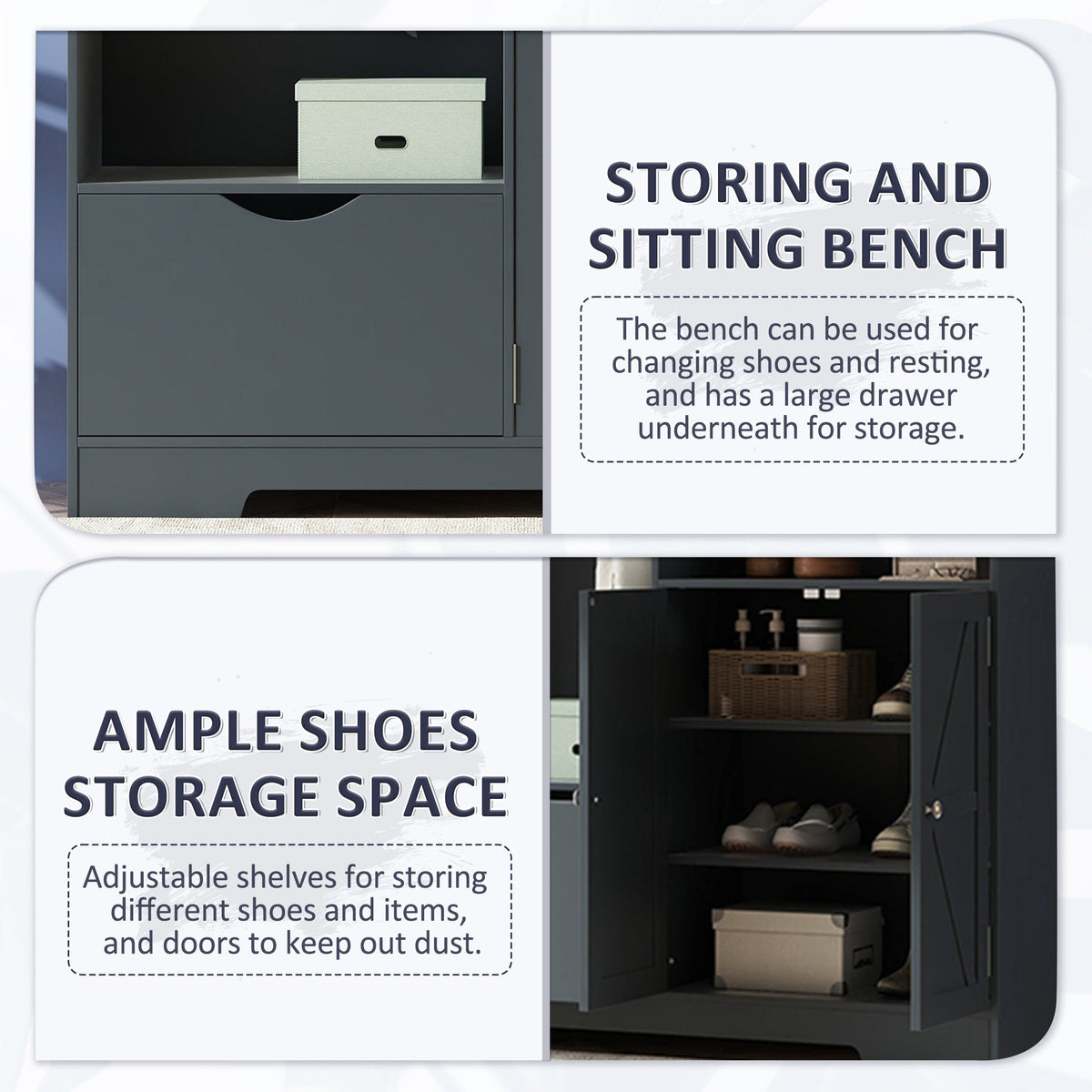 Multi-functional Hall Tree with Storage Shelves Drawers and Cabinet, Elegant Hallway Shoe Cabinet with Bench Antique Blue V.I.P Digital Presence