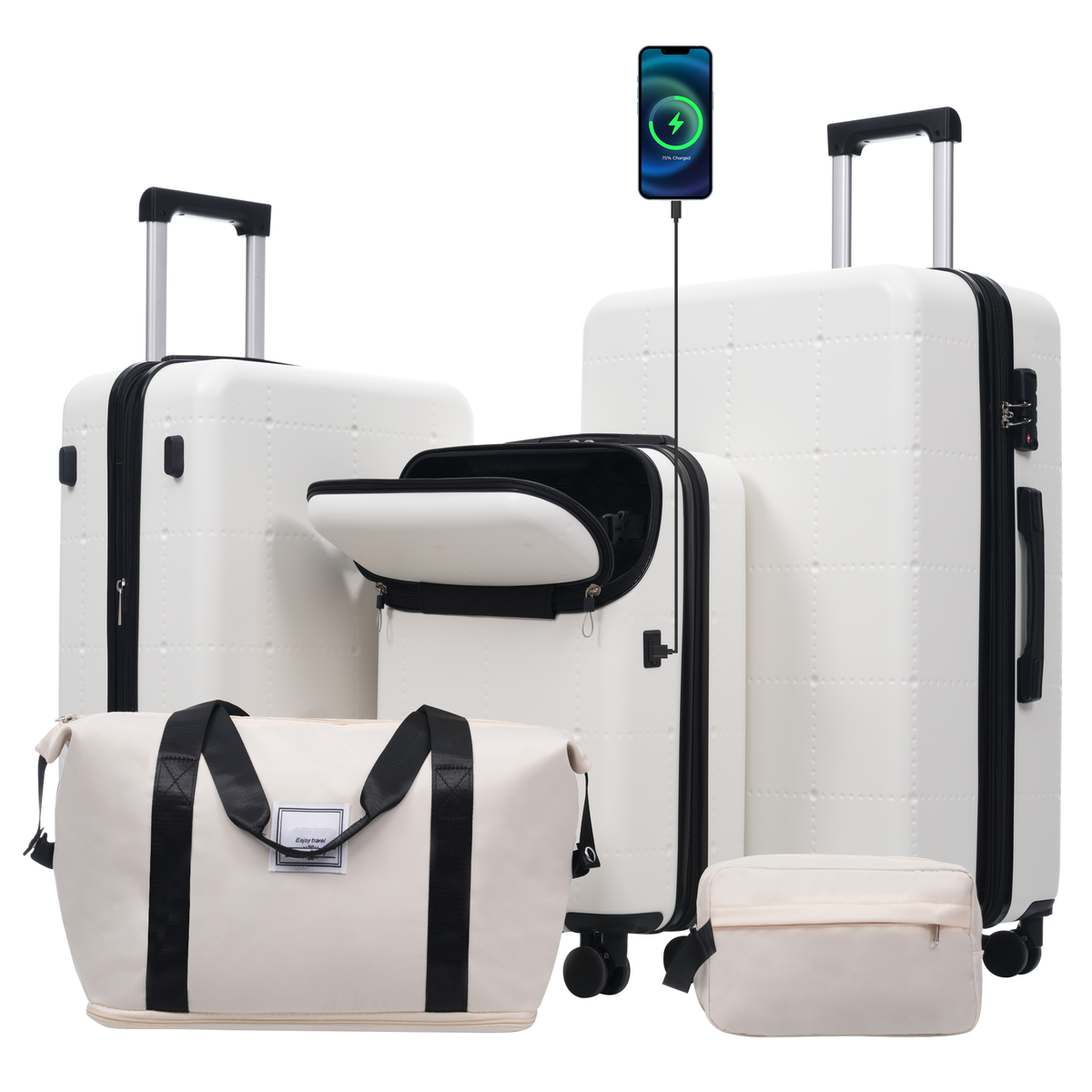 5 Piece Hardside Luggage Set with USB Port - Black HouseOfZazla