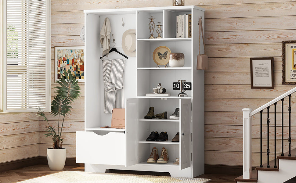 Multi-functional Hall Tree with Storage Shelves Drawers Cabinet Elegant Hallway Shoe Cabinet with Bench Modern Coat Rack White V.I.P Digital Presence