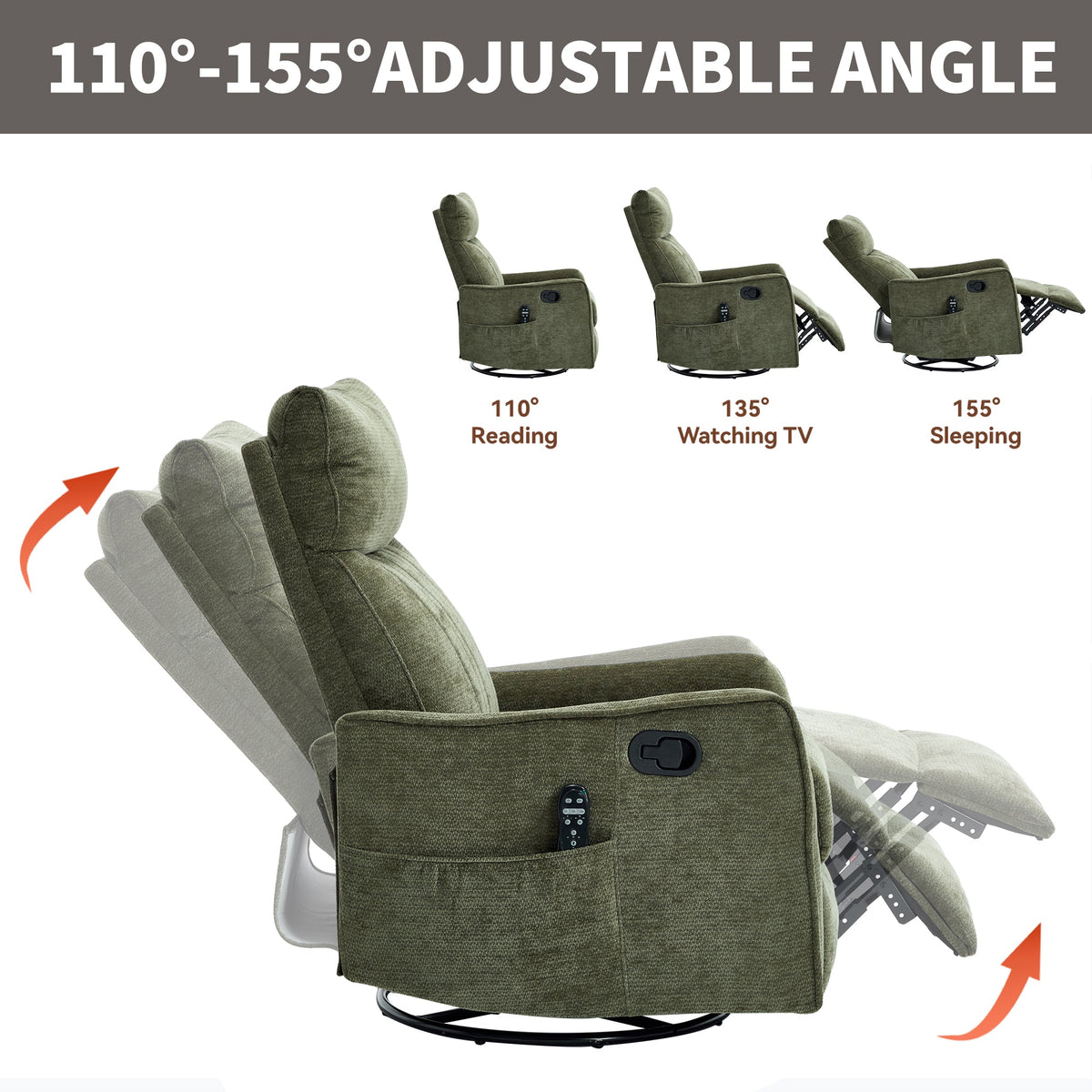 Green Heat Massage Manual Recliner Chair with Swivel and Massage - Chenille HouseOfZazla
