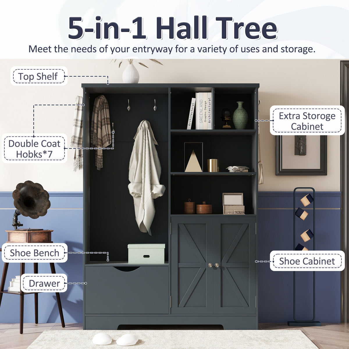 Multi-functional Hall Tree with Storage Shelves Drawers and Cabinet, Elegant Hallway Shoe Cabinet with Bench Antique Blue V.I.P Digital Presence