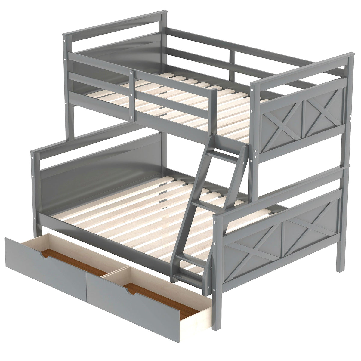 Twin over Full Bunk Bed with Ladder Two Storage Drawers  Safety Guardrail  Gray V.I.P Digital Presence