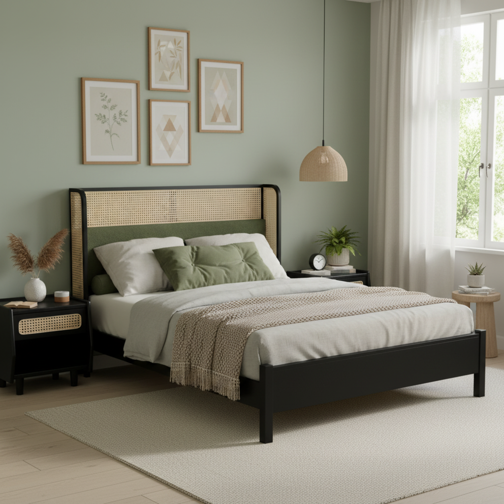 Queen Size Bed Frame with Plush Green Upholstered Headboard - Green HouseOfZazla