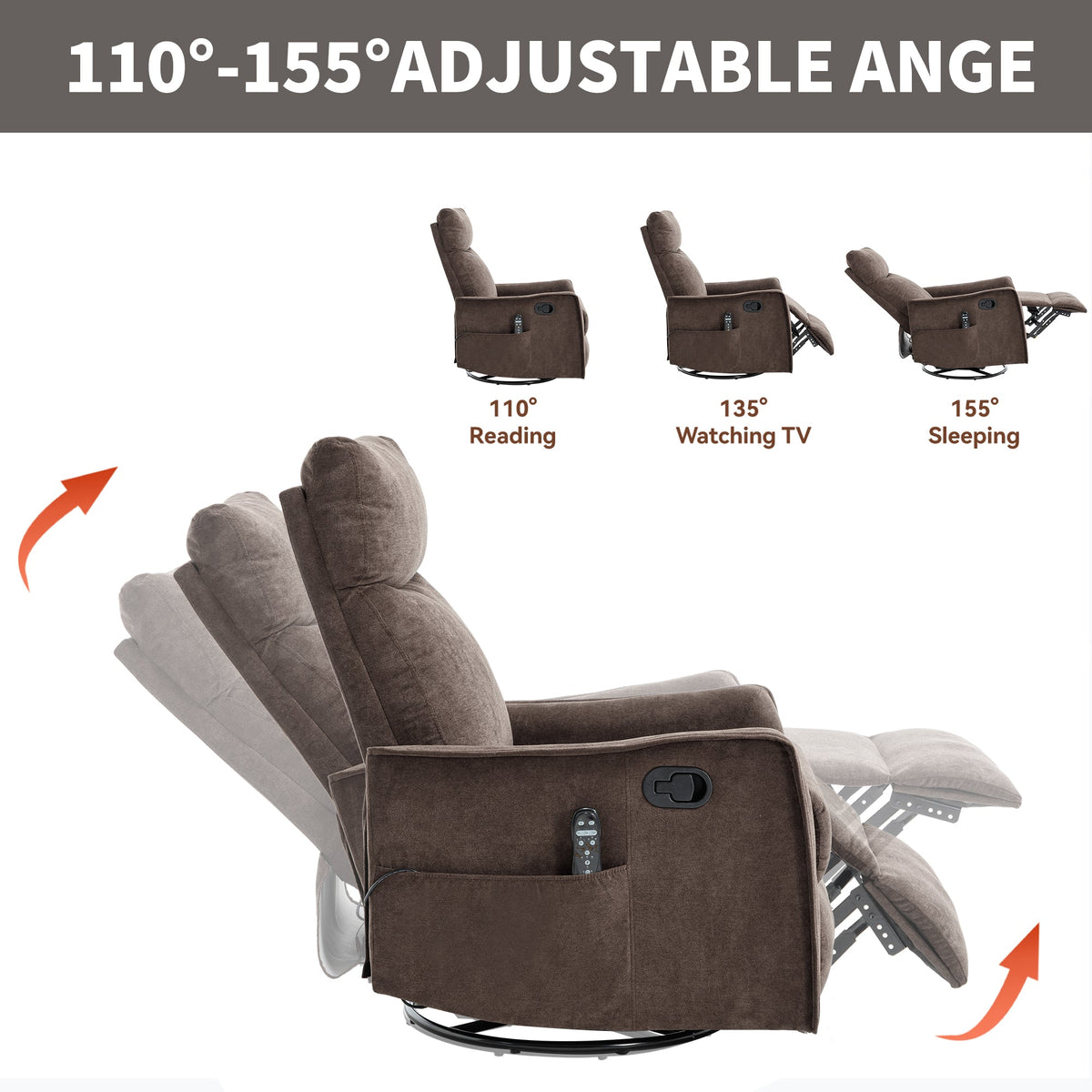 Heat Massage Manual Recliner Chair with Rocker and Swivel in Fabric HouseOfZazla