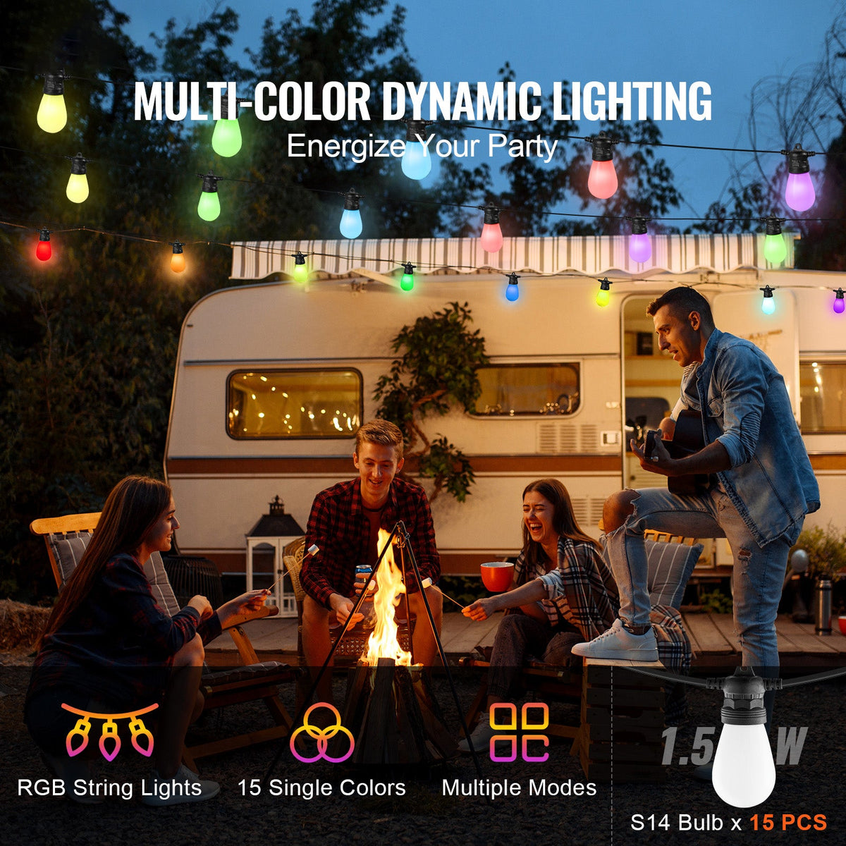 RGB Outdoor String Lights with App Control, 50FT - Multi-Color HouseOfZazla