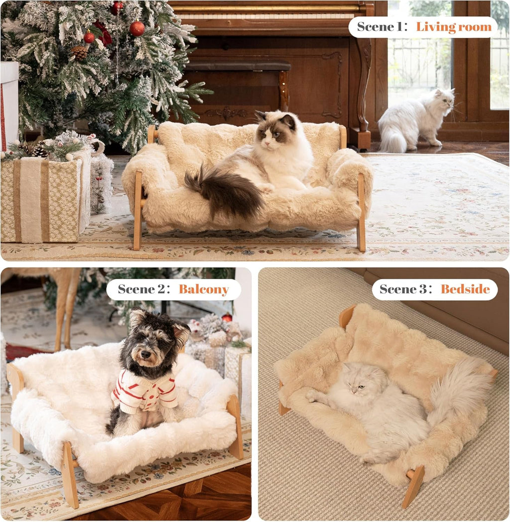 Elevated Wooden Cat Couch Bed with Washable Fluffy Cushion – 3 Colors Wags & Whiskers Pet Supply