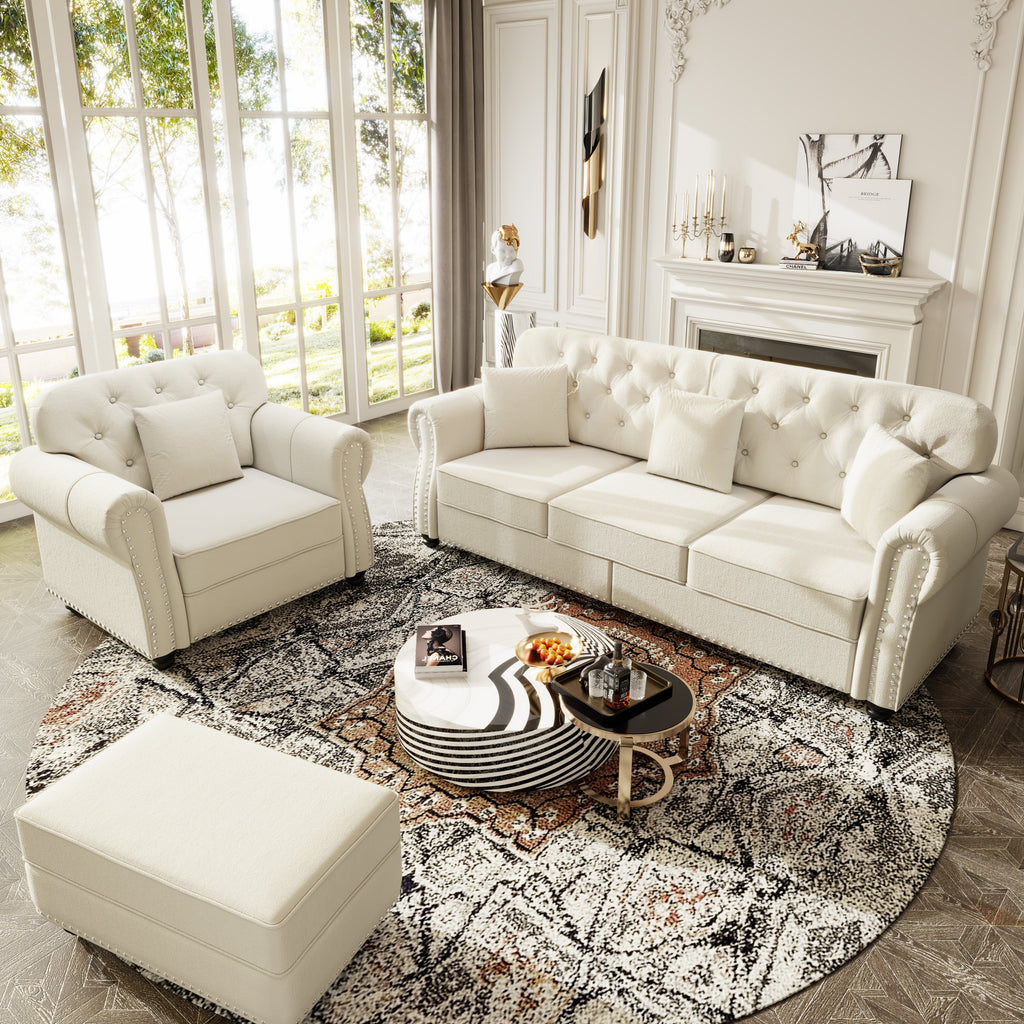 Upholstered Velvet Sofa with Nailhead Trim and Ottoman