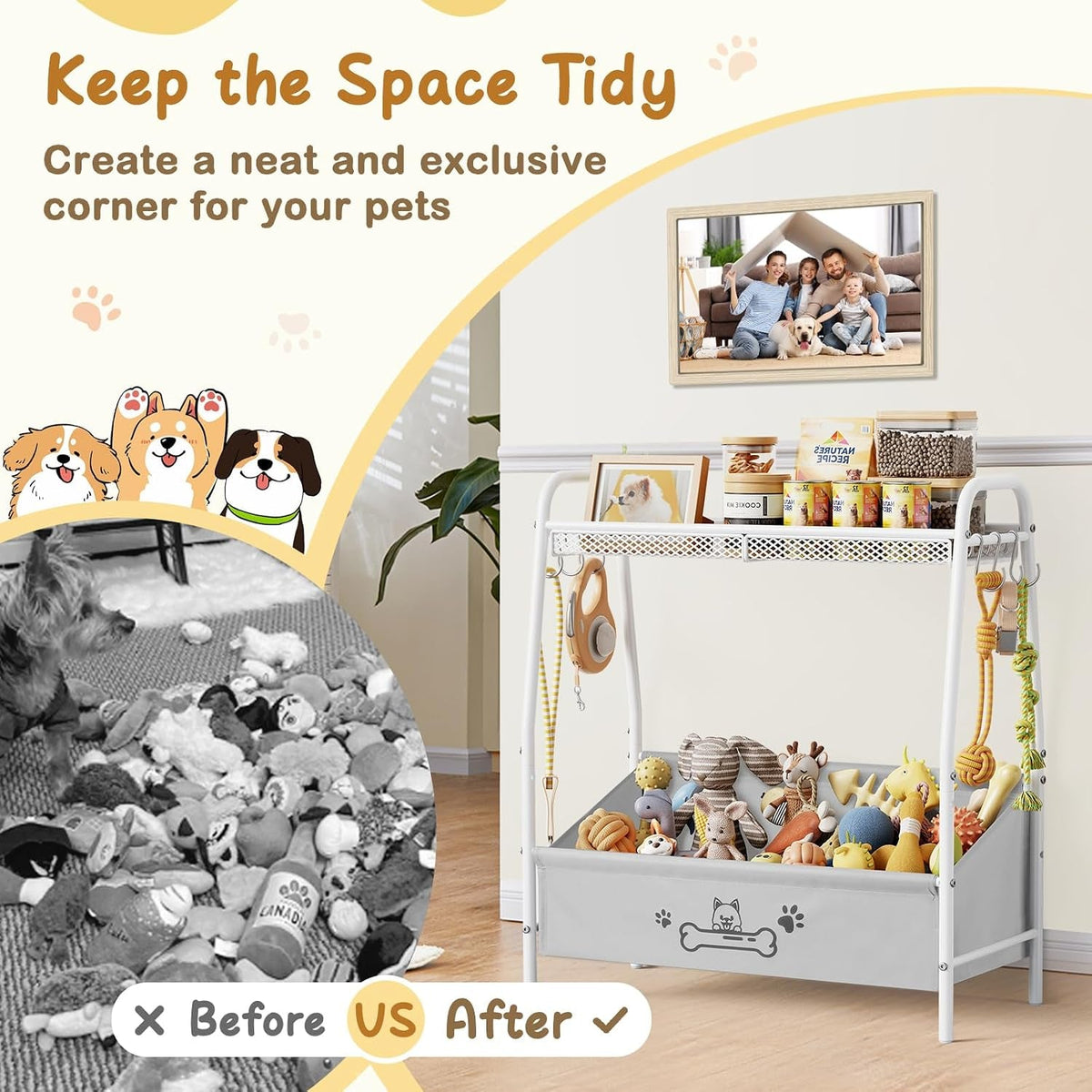 Dog Toy Storage Organizer with Shelf & 6 Hooks Wags & Whiskers Pet Supply