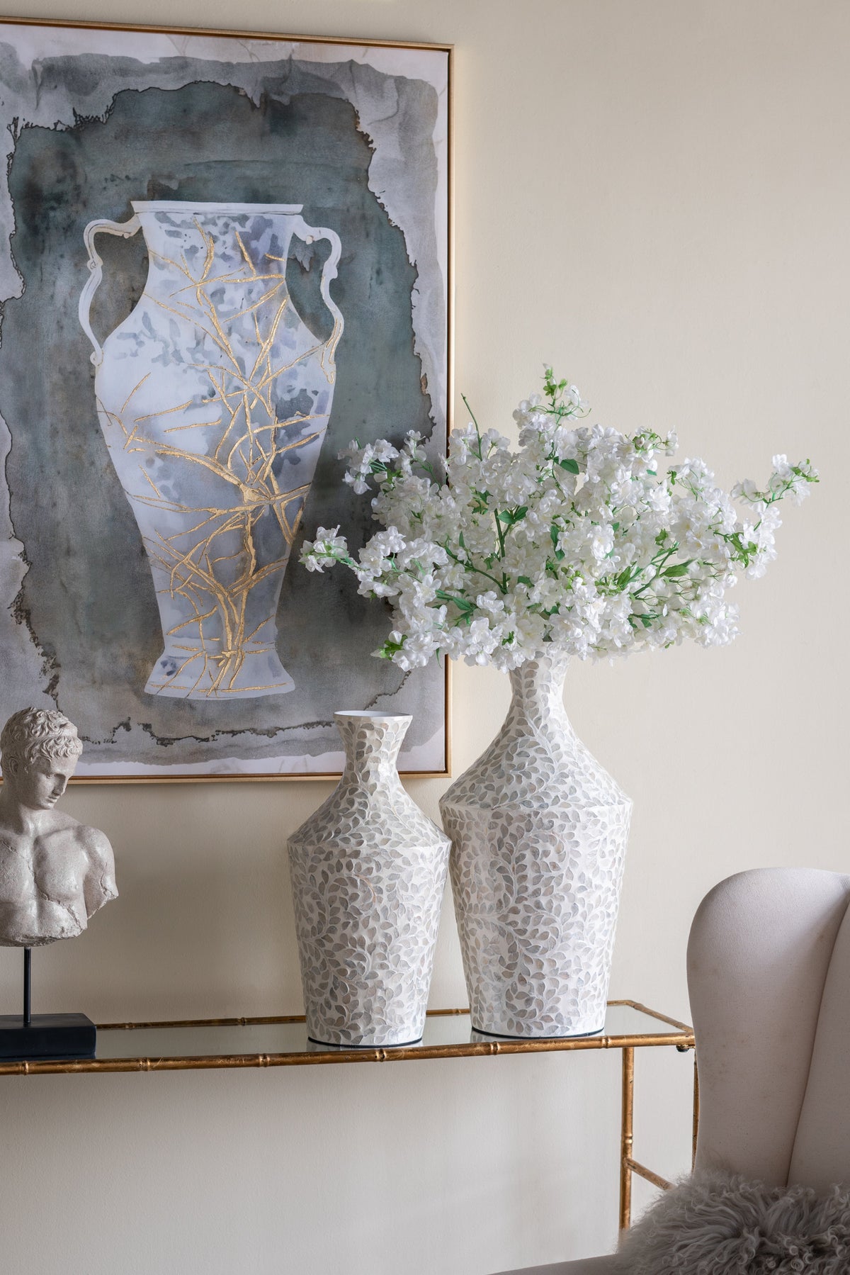 Decorative Paper Powder Vase with Tapered Capiz Floral Design - White HouseOfZazla