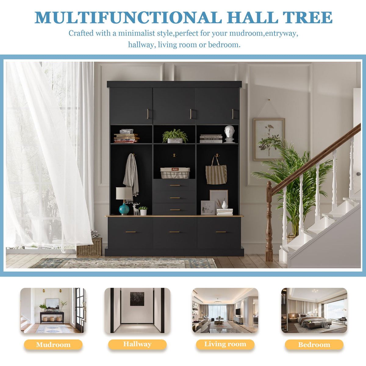 Entryway Hall Tree With Bench and Storage, 5 in 1 Coat Rack – Black or White HouseOfZazla