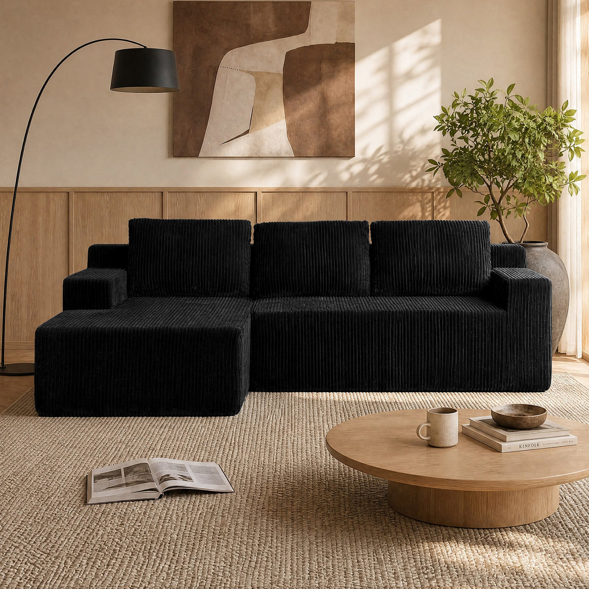Corduroy Modular L Shaped Sectional Sofa with Plush Upholstery - Beige HouseOfZazla