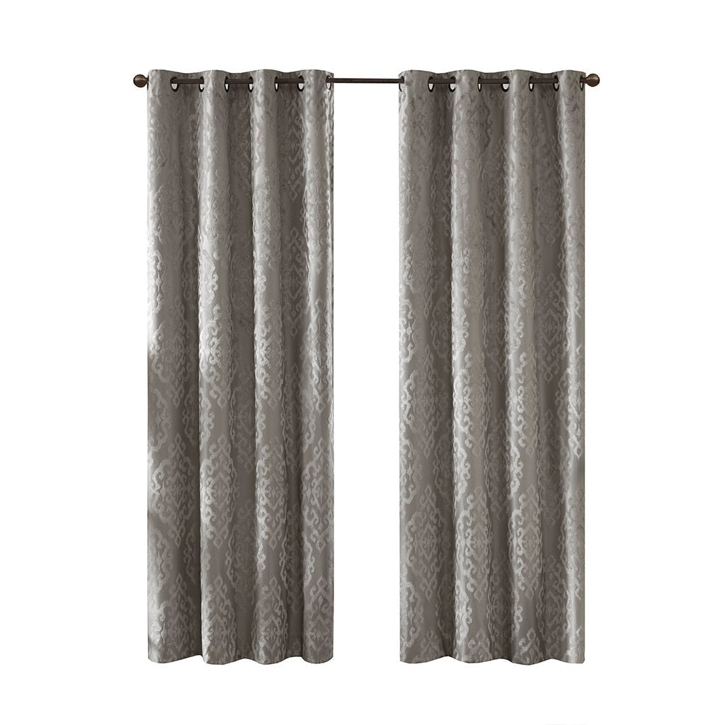 Charcoal Knitted Jacquard Damask Blackout Curtain Panel with Silver Grommets HouseOfZazla