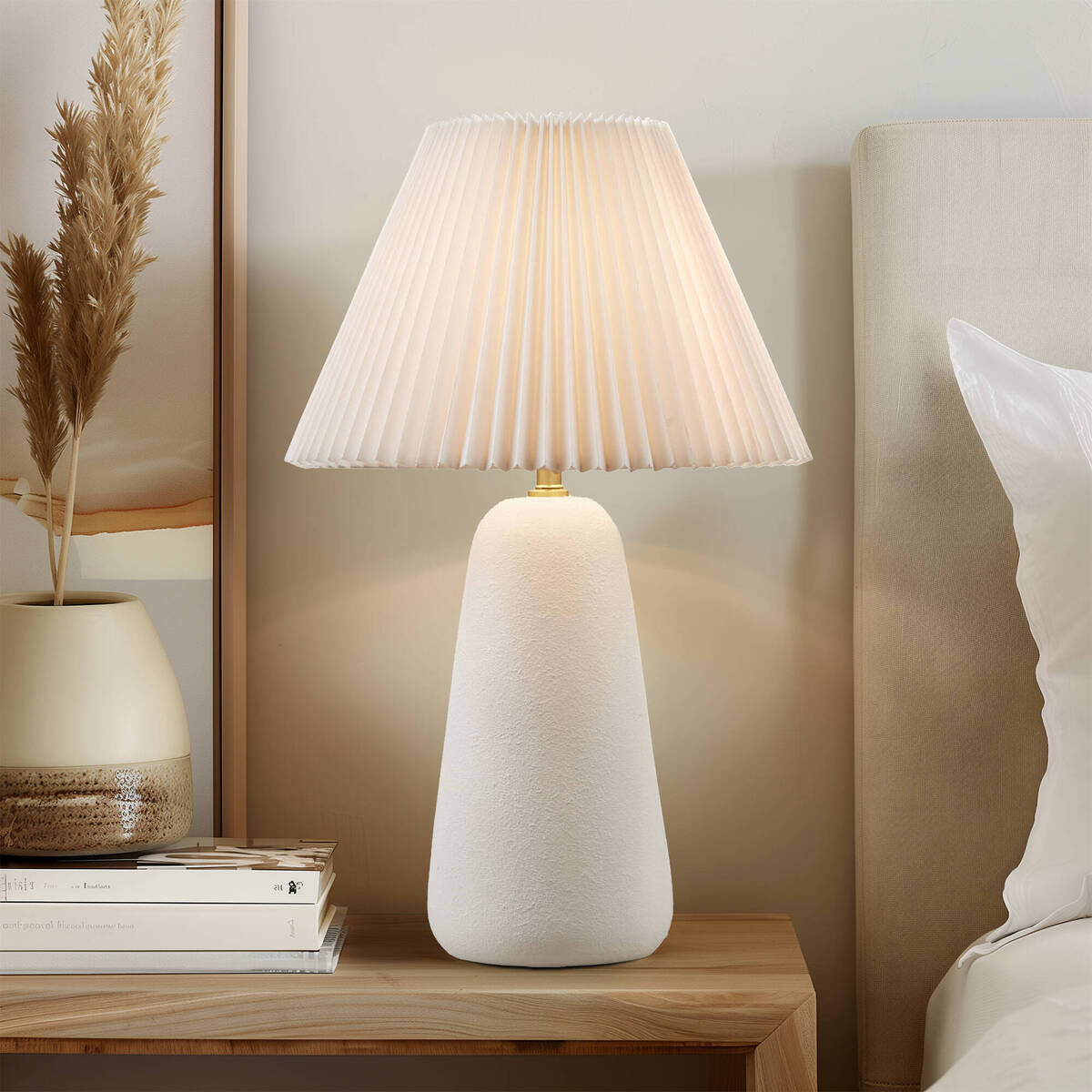 Textured Ceramic Table Lamp with Fluted Fabric Shade - White HouseOfZazla