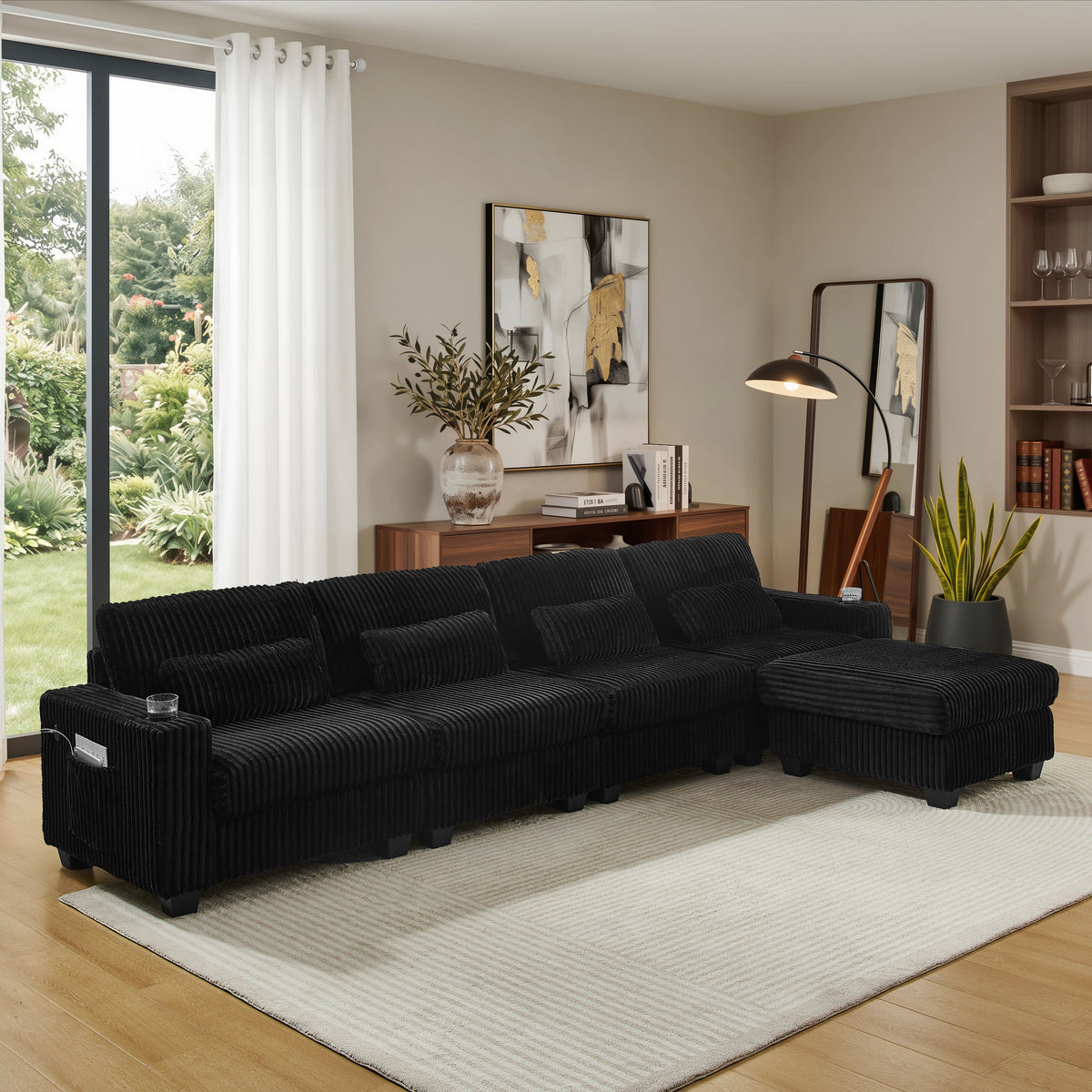 L-Shaped Corduroy Modular Sectional Sofa with Detachable Footrest - Black HouseOfZazla