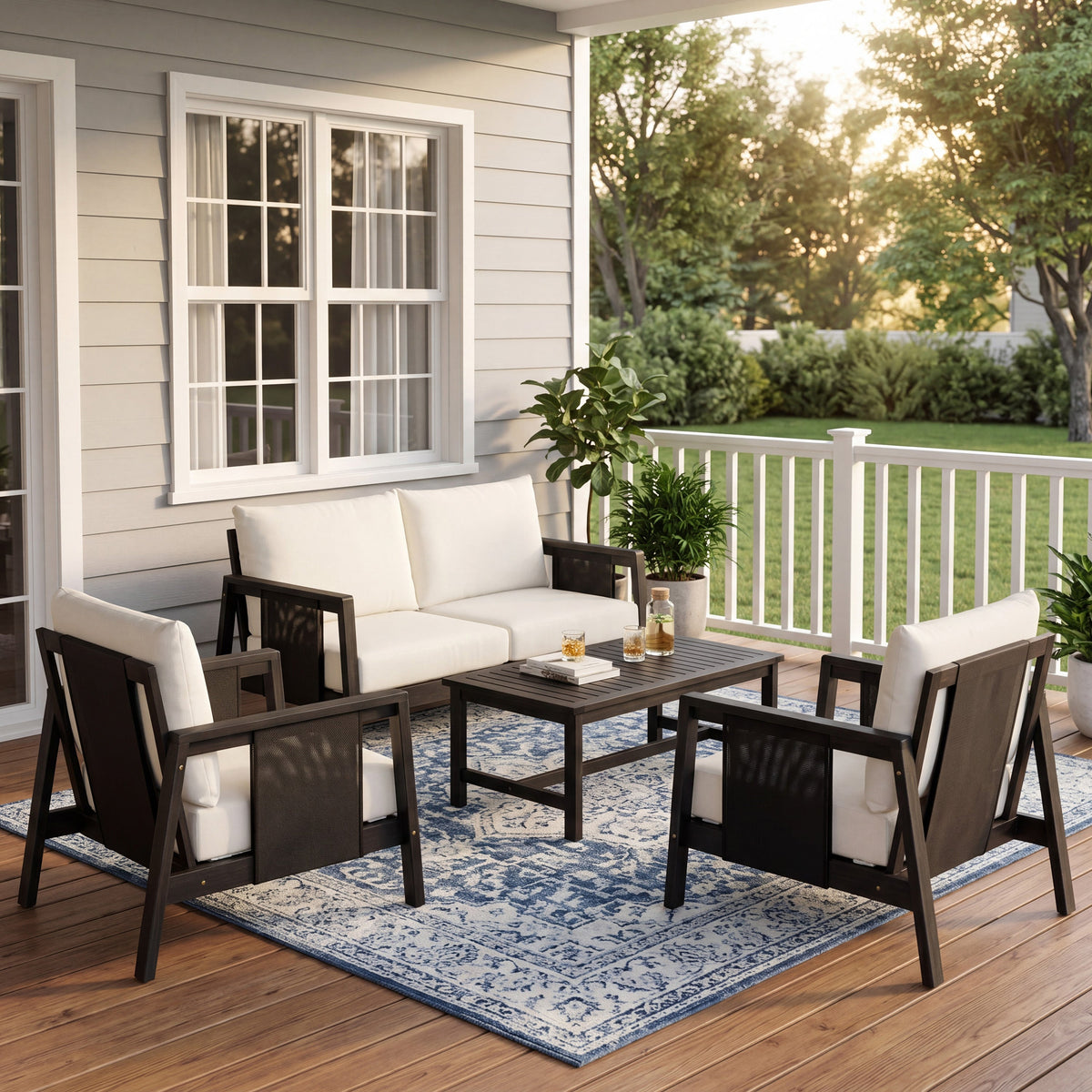 4-Piece Outdoor Sofa Set with Cushions - Acacia Wood, Waterproof Cushions, Dark Grey/White+Black HouseOfZazla
