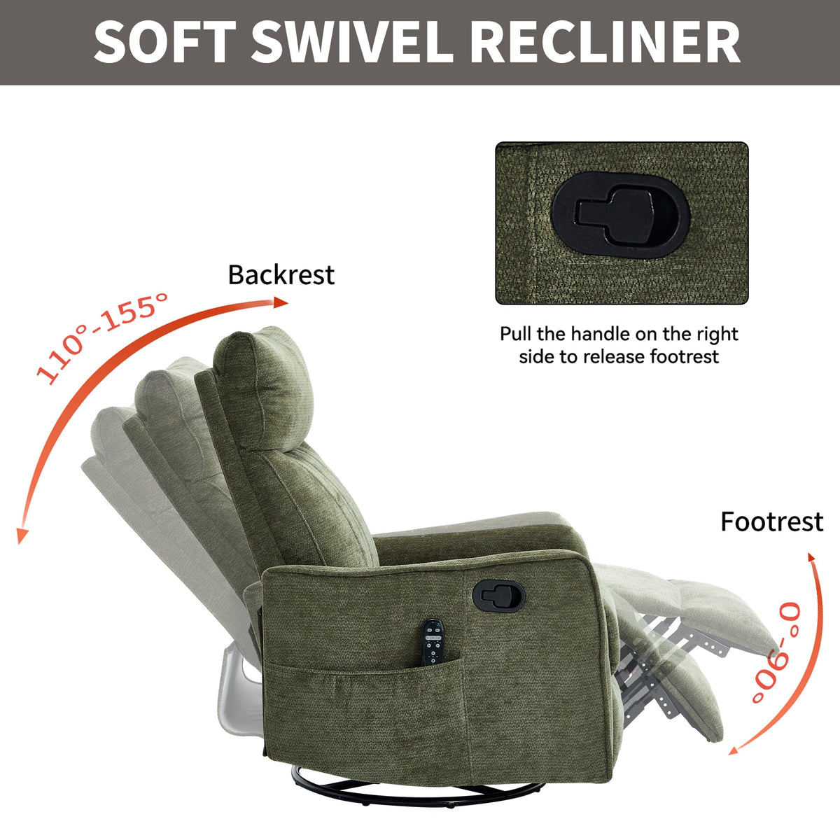 Green Heat Massage Manual Recliner Chair with Swivel and Massage - Chenille HouseOfZazla