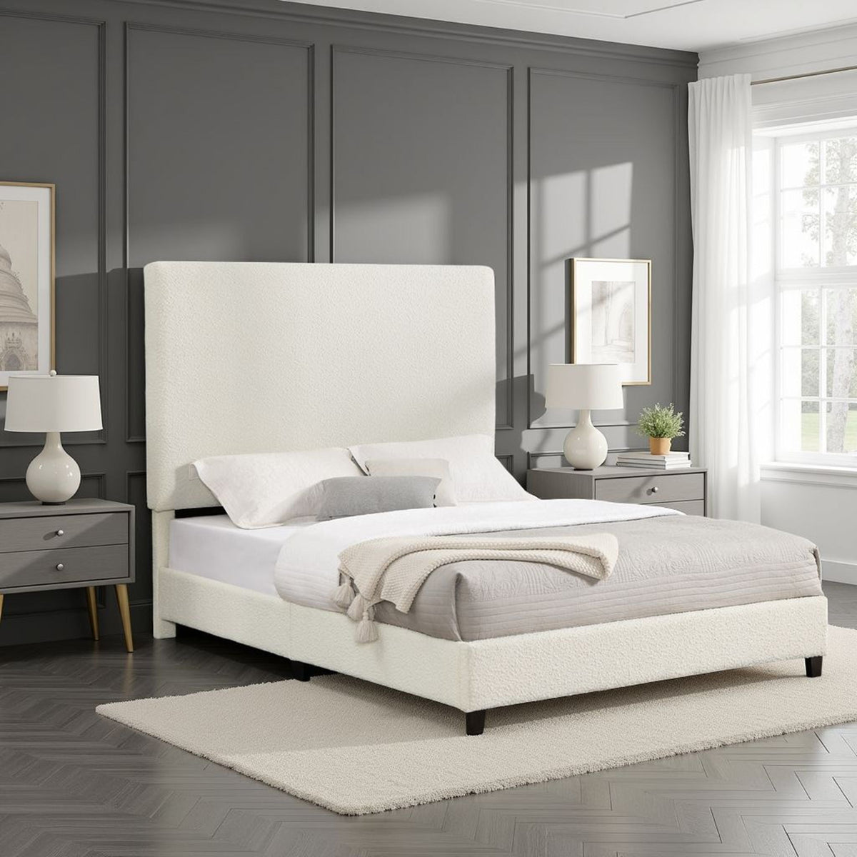 Queen Upholstered Headboard Platform Bed with Solid Wood Frame - White HouseOfZazla