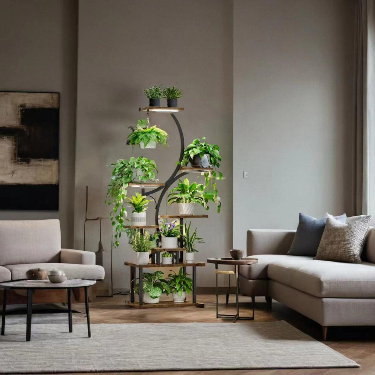 8 Tier Indoor Plant Stand with Grow Lights - Black & Dark Walnut HouseOfZazla