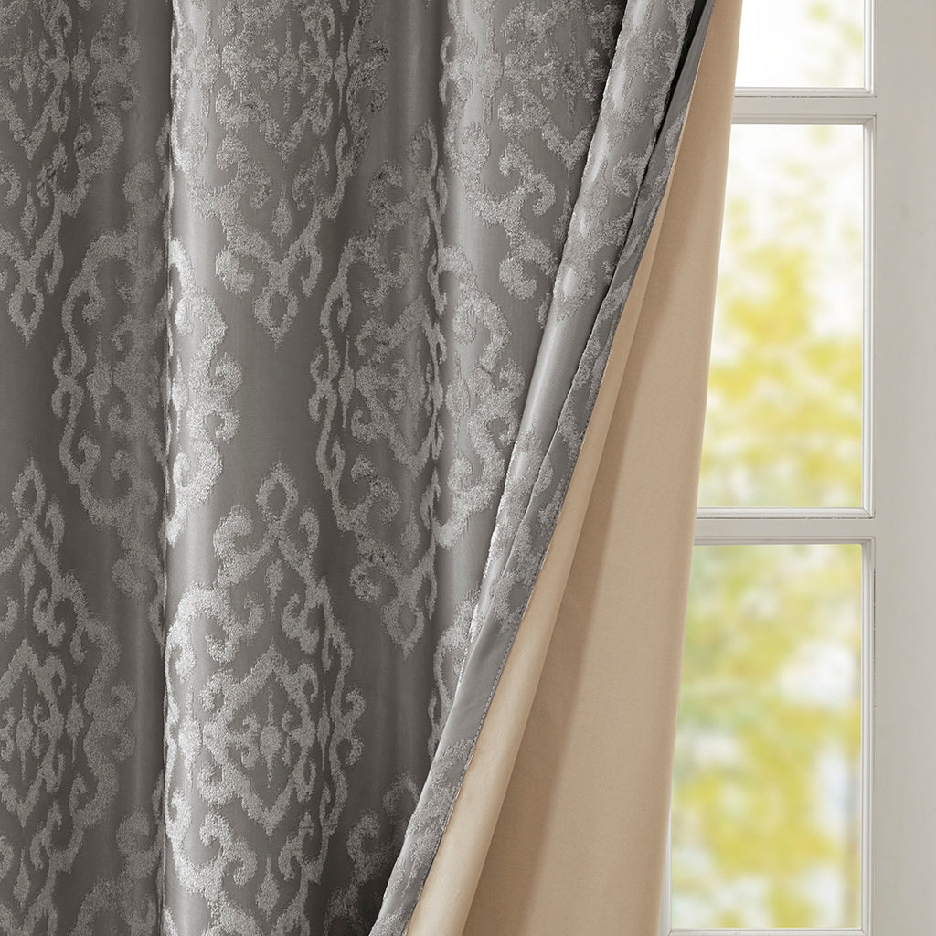 Charcoal Knitted Jacquard Damask Blackout Curtain Panel with Silver Grommets HouseOfZazla