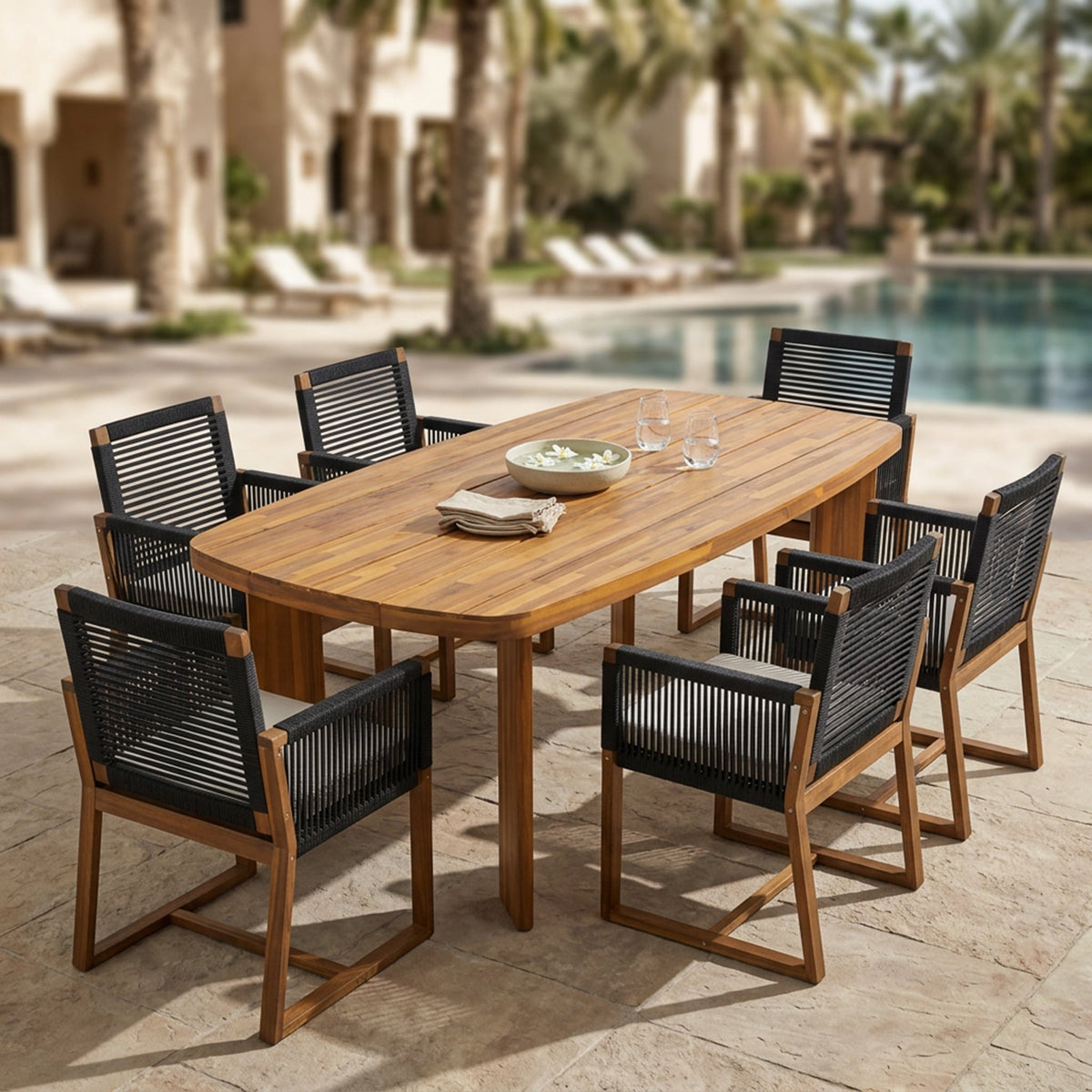 7-Piece Acacia Wood Outdoor Dining Set with Cushioned Arm Chairs - Teak Finish HouseOfZazla