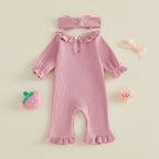 Embroidered Lotus-leaf Collar Long-sleeve Jumpsuit Headband