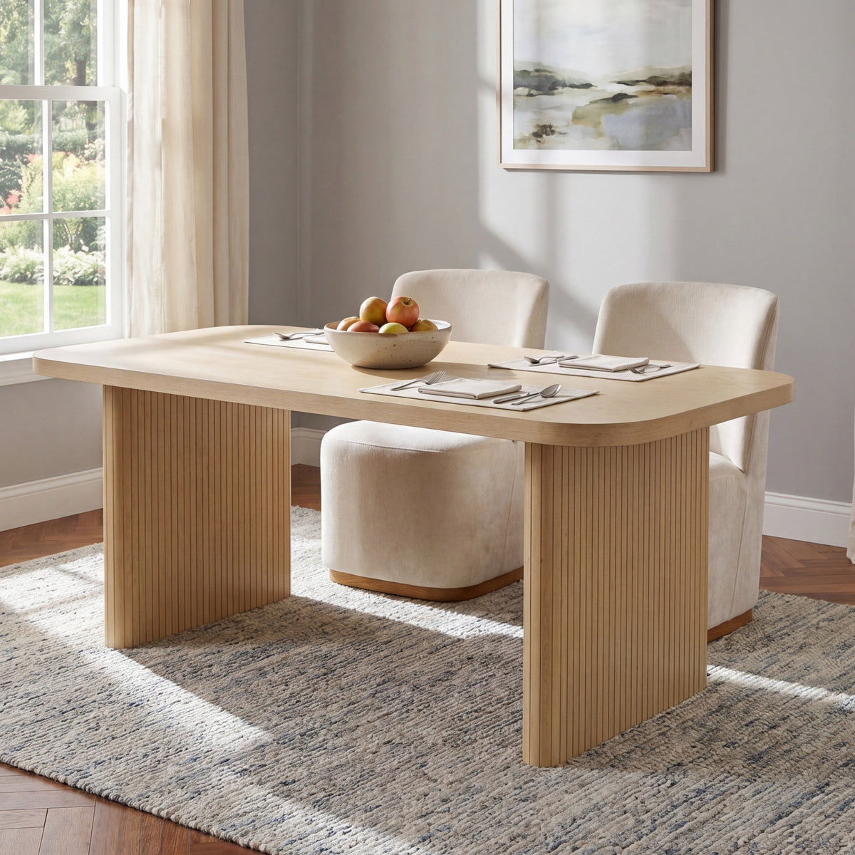 Natural Oak Veneer Dining Table with Fluted Rubber Wood Legs - Natural Oak HouseOfZazla