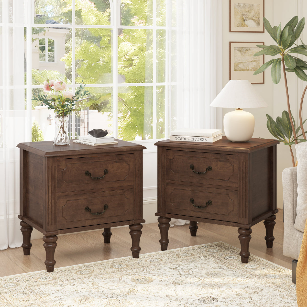 Farmhouse Nightstand with 2 Drawer, Solid Wood Bedside Table - Walnut HouseOfZazla