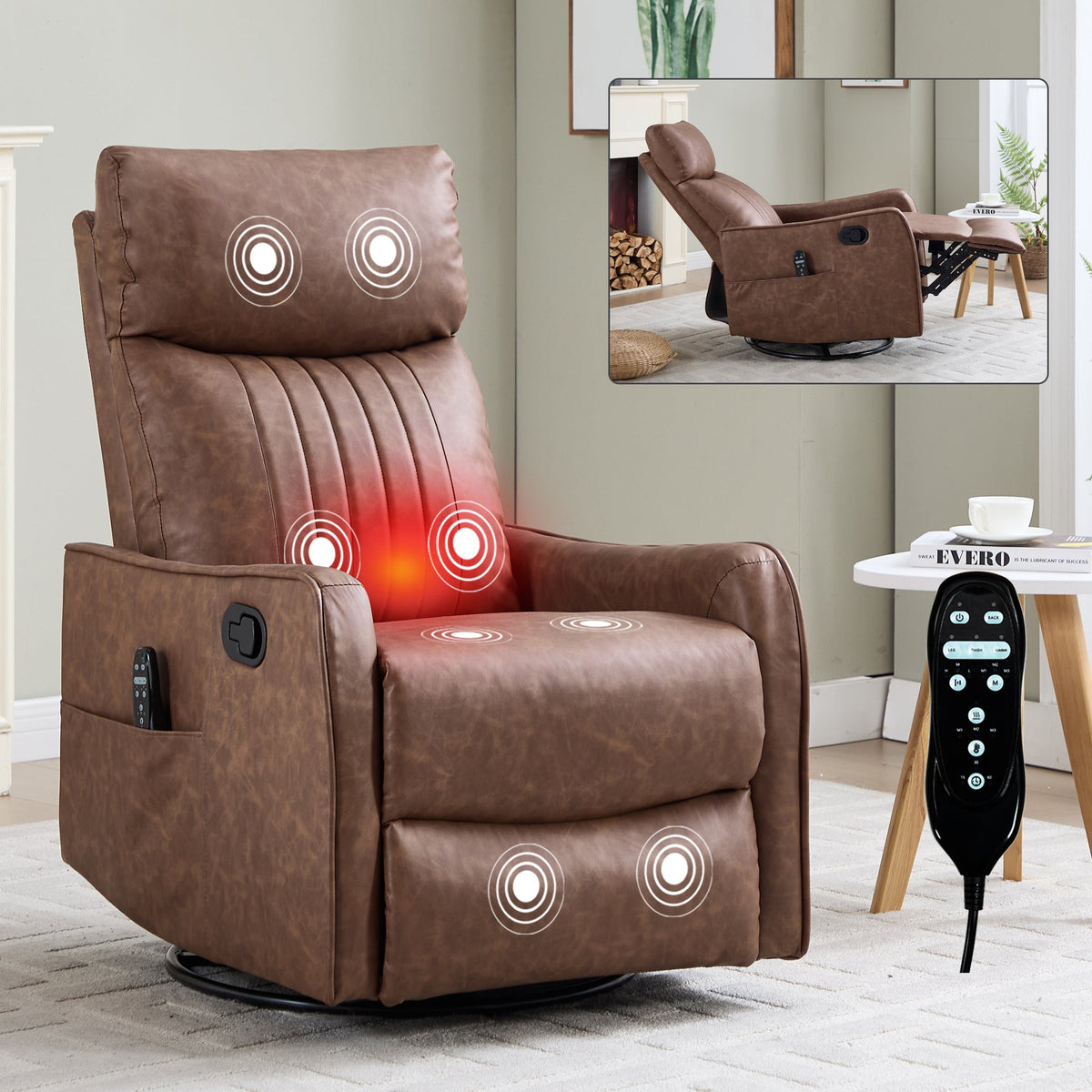 Brown Heat Massage Manual Recliner Chair with Rocker and Swivel - Brown HouseOfZazla