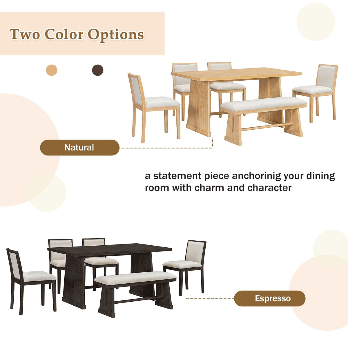 6 Piece Dining Room Set with Upholstered Chairs & Padded Bench - Light or Dark Brown HouseOfZazla