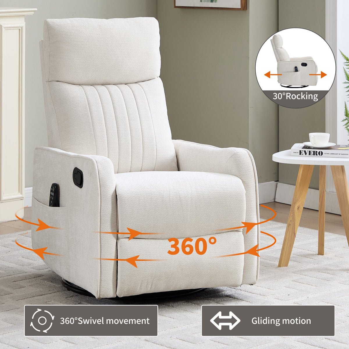 Beige Heat Massage Manual Recliner Chair with Rocker and Swivel - Beige HouseOfZazla
