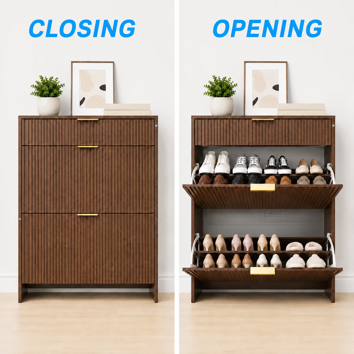 Narrow Fluted Shoe Storage Cabinet with Fluted Detailing - MDF HouseOfZazla