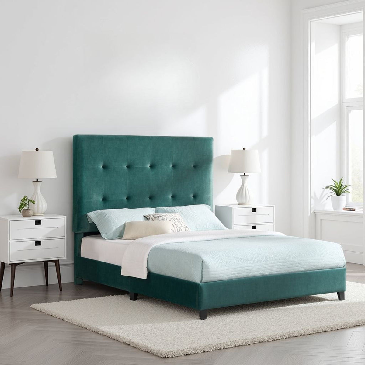 Tufted Upholstered Headboard Platform Bed with Padded Headboard - Queen, Beige or Dark Green HouseOfZazla