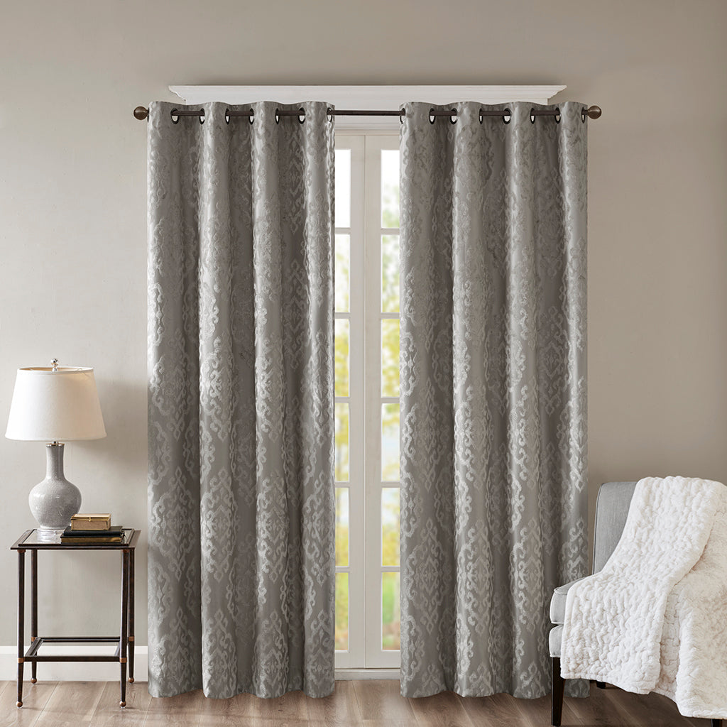 Charcoal Knitted Jacquard Damask Blackout Curtain Panel with Silver Grommets HouseOfZazla