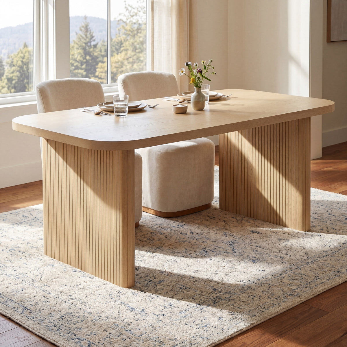 Natural Oak Veneer Dining Table with Fluted Rubber Wood Legs - Natural Oak HouseOfZazla