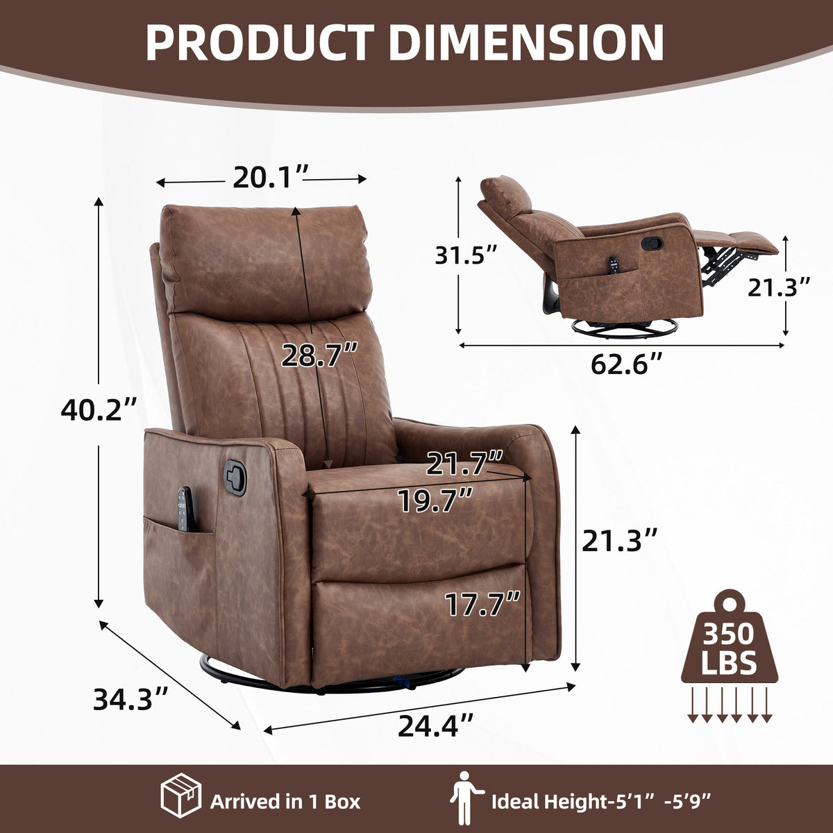 Brown Heat Massage Manual Recliner Chair with Rocker and Swivel - Brown HouseOfZazla