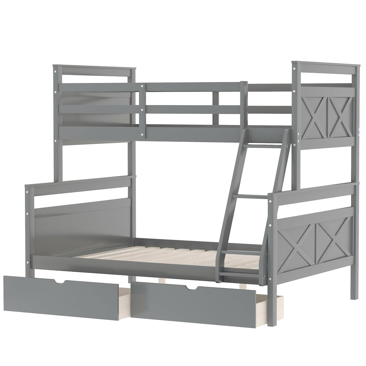 Twin over Full Bunk Bed with Ladder Two Storage Drawers  Safety Guardrail  Gray V.I.P Digital Presence