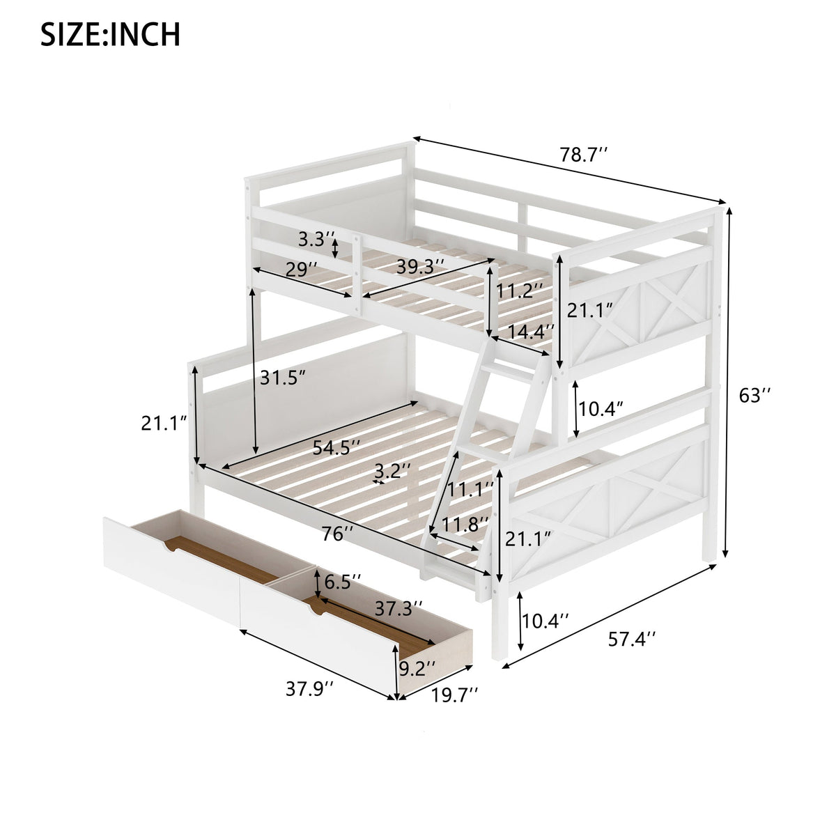 Twin over Full Bunk Bed with Ladder, Two Storage Drawers, Safety Guardrail  White V.I.P Digital Presence