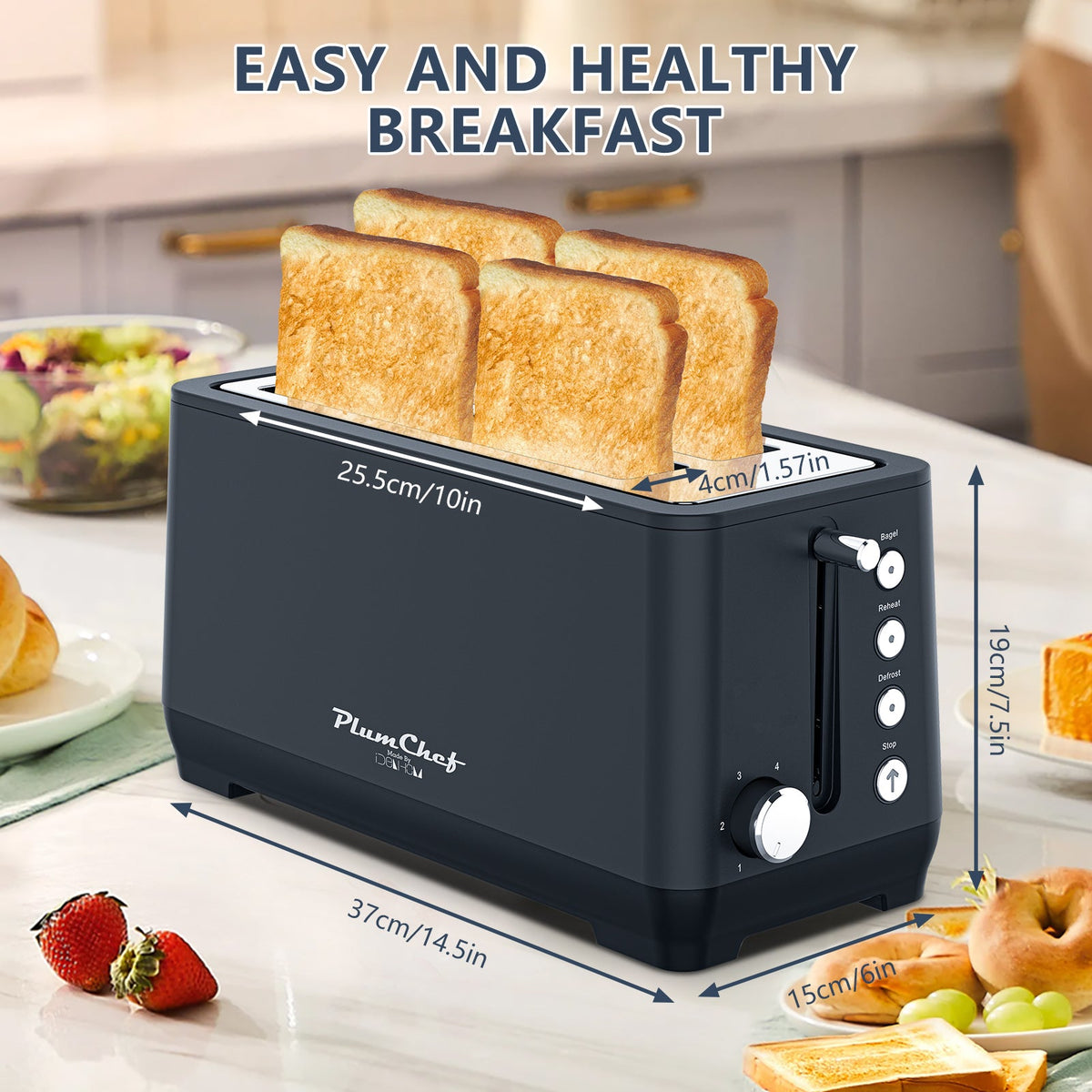 4-Slice Extra Wide Long Slot Toaster with 6 Browning Settings - Stainless Steel HouseOfZazla