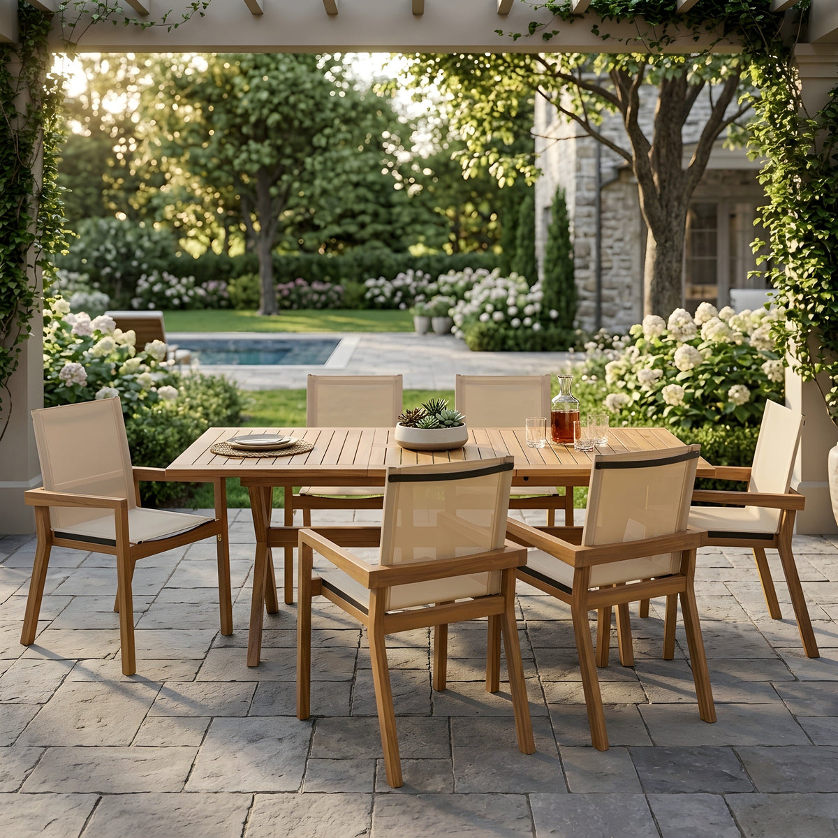 Acacia Wood Outdoor Dining Set 7-Piece with Large Table and 6 Chairs - Teak or Beige HouseOfZazla