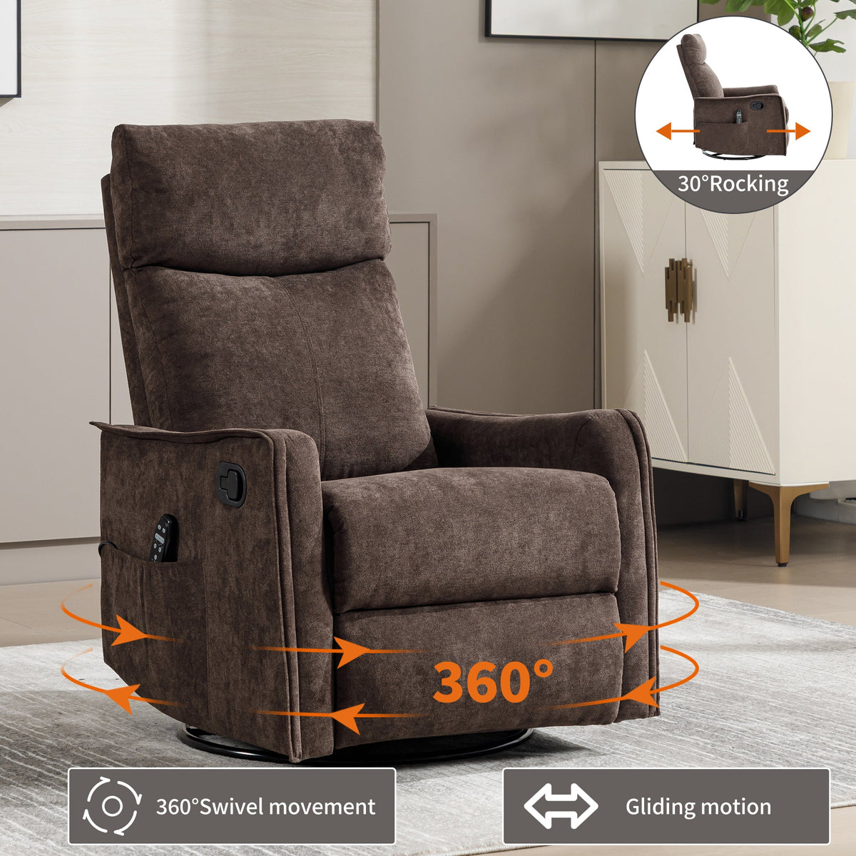 Heat Massage Manual Recliner Chair with Rocker and Swivel in Fabric HouseOfZazla