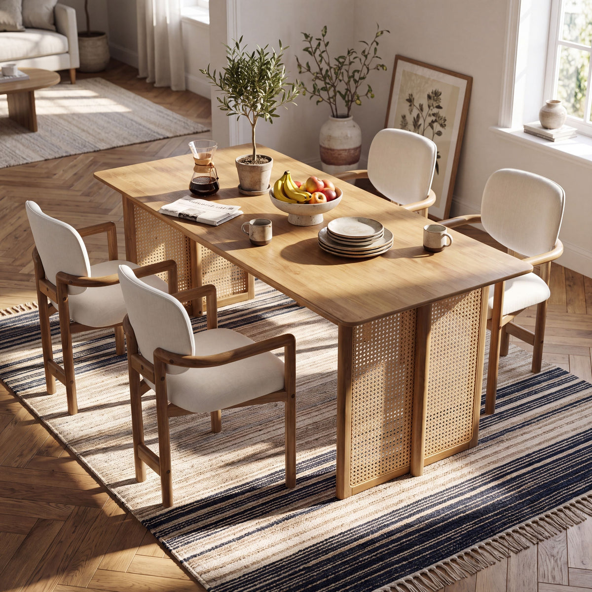5-Piece Rubber Wood Indoor Dining Set with Rattan Chairs