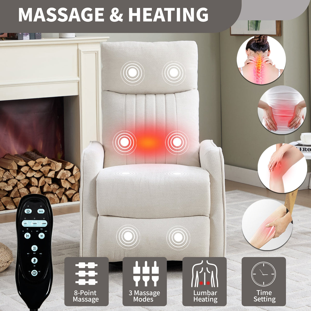 Beige Heat Massage Manual Recliner Chair with Rocker and Swivel - Beige HouseOfZazla