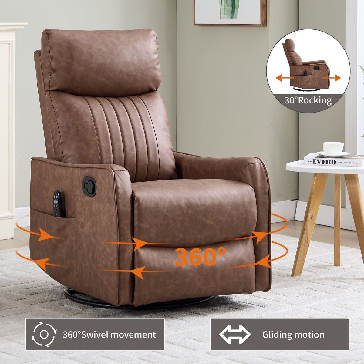 Brown Heat Massage Manual Recliner Chair with Rocker and Swivel - Brown HouseOfZazla