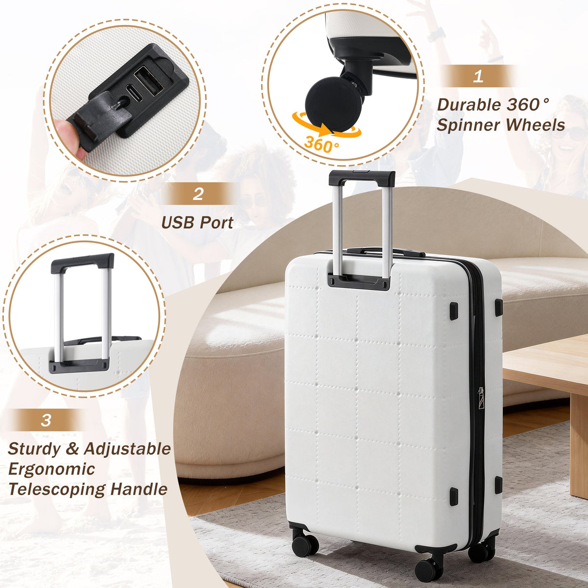 5 Piece Hardside Luggage Set with USB Port - Black HouseOfZazla