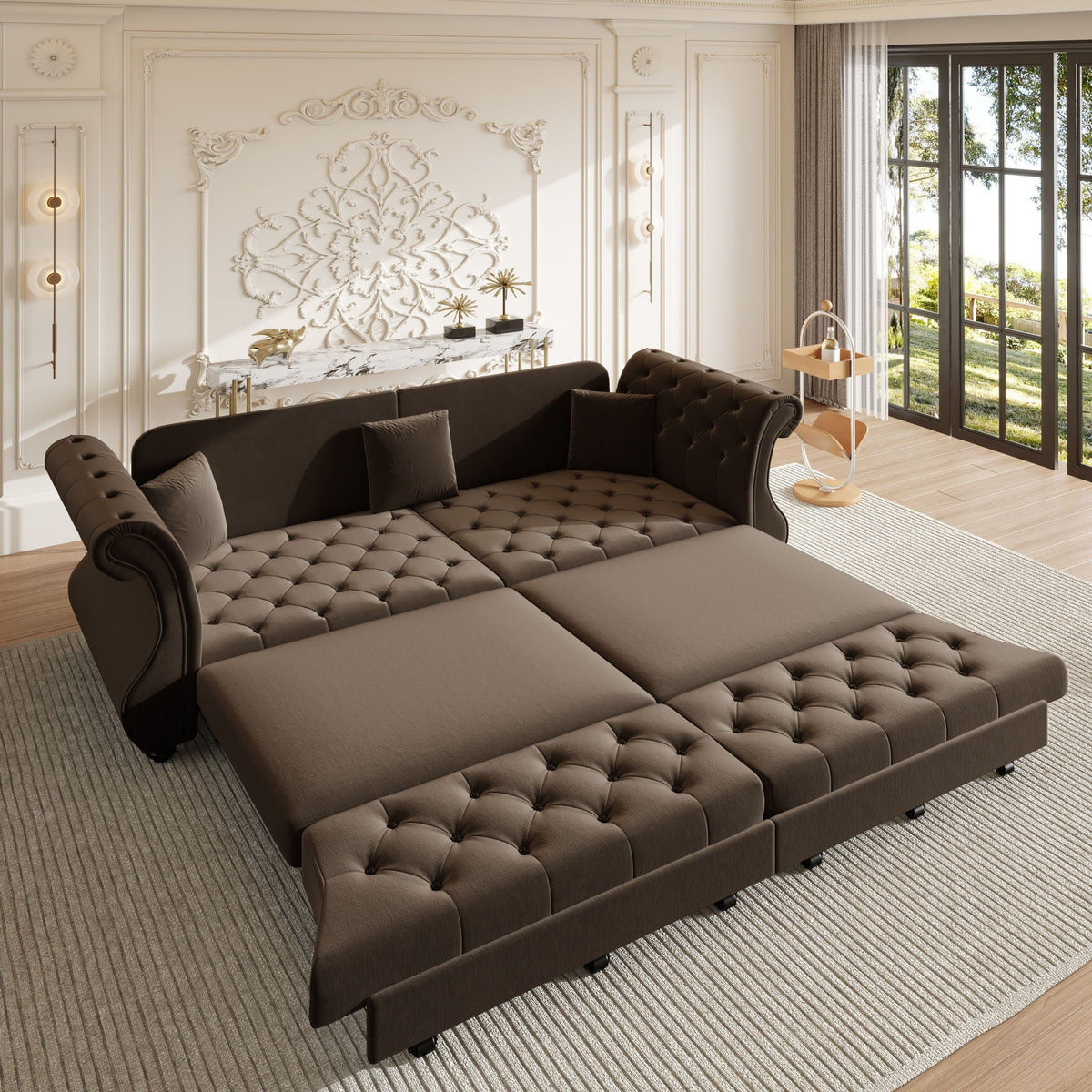 Oversized Chesterfield Pull Out Sofa Bed, Roll Arm Couch With Flower Tufting For Living Room