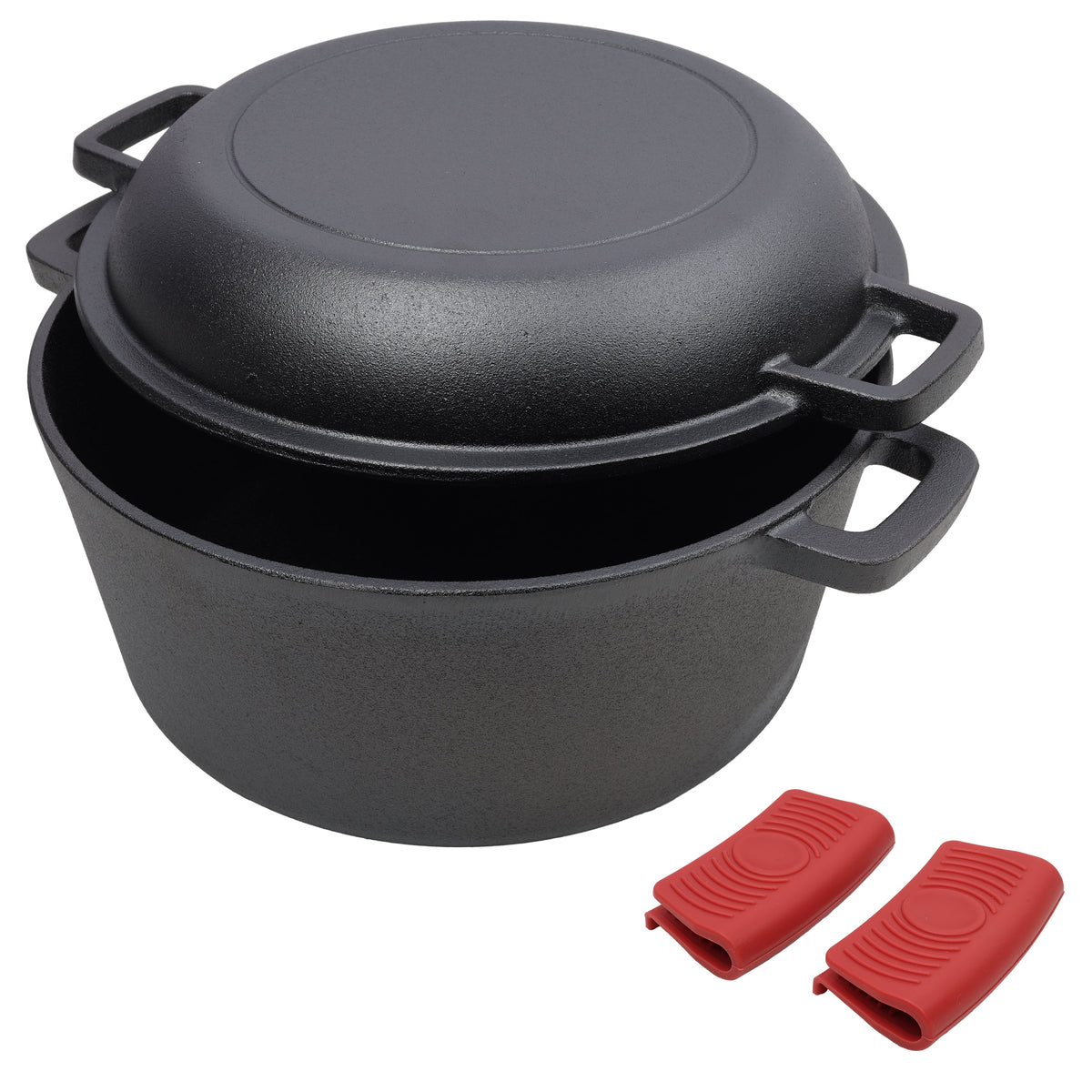 2 in 1 Pre-Seasoned Cast Iron Dutch Oven With Dual Handles, Outdoor Camping Deep Pot for Camping Fireplace Cooking BBQ Baking Campfire, 5 Quart.With 2pcs Silicone Handel Covers. Montret