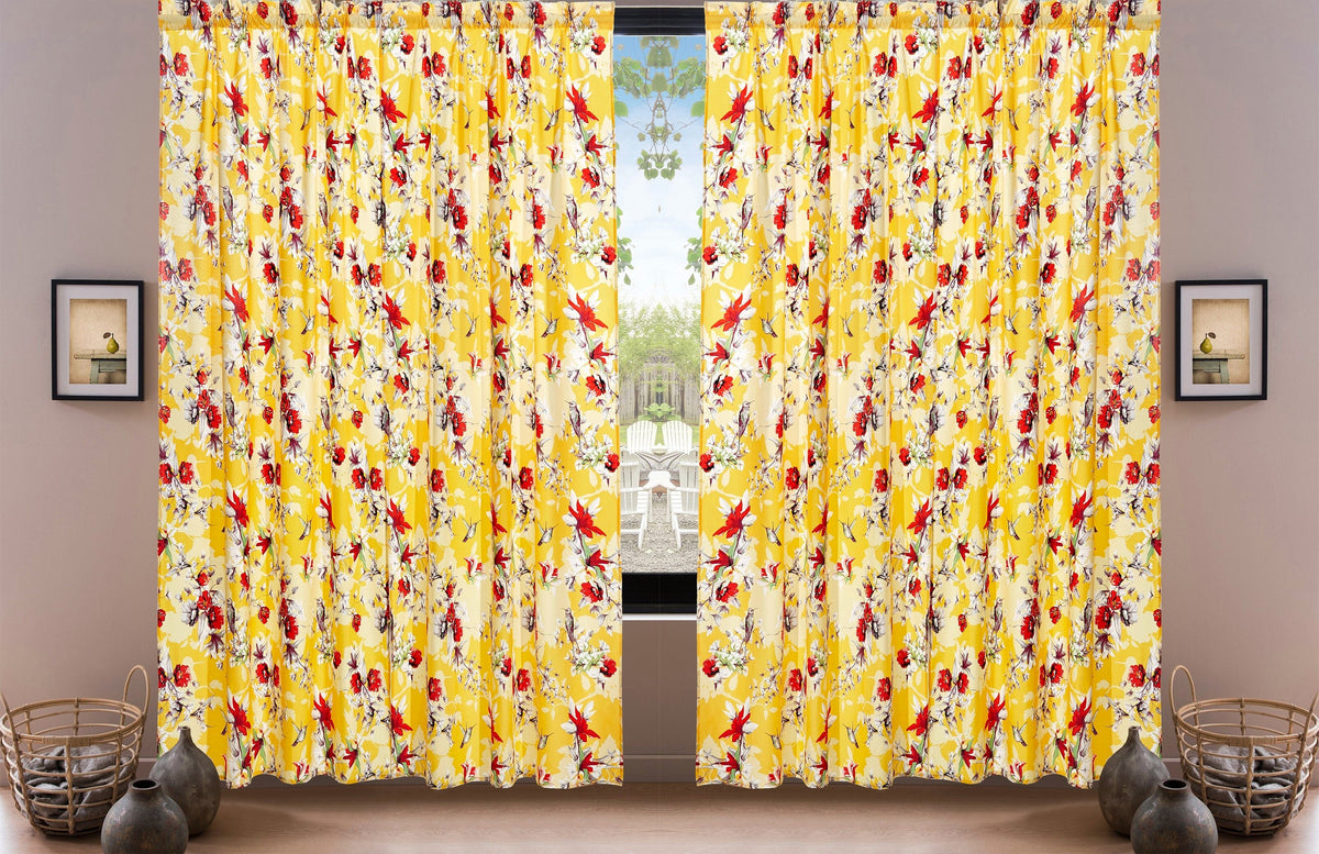 DaDa Bedding Set of 2 Radiant Sunshine Yellow Floral Window Curtain Panels - Natural Semi Sheer Hummingbirds Farmhouse Red Flowers Straight Tailored Edge
