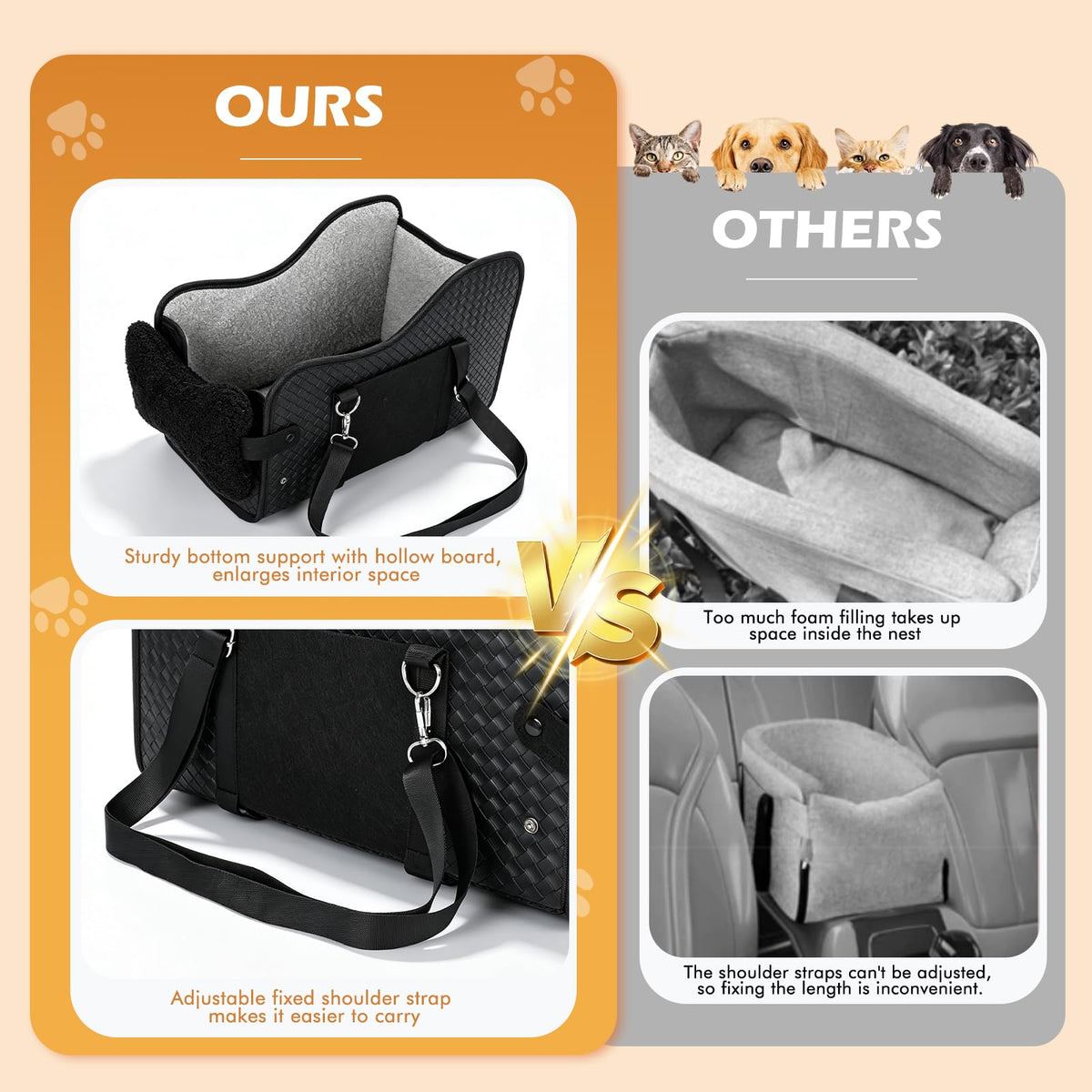 Center Console Dog Car Seat For Small Dogs, Dog Booster Seat To 15lbs Portable Puppy Car Seat With Adjustable Straps, Storage Pocket, Anti-Collapse, Washable Reversible Seat Cushion Black