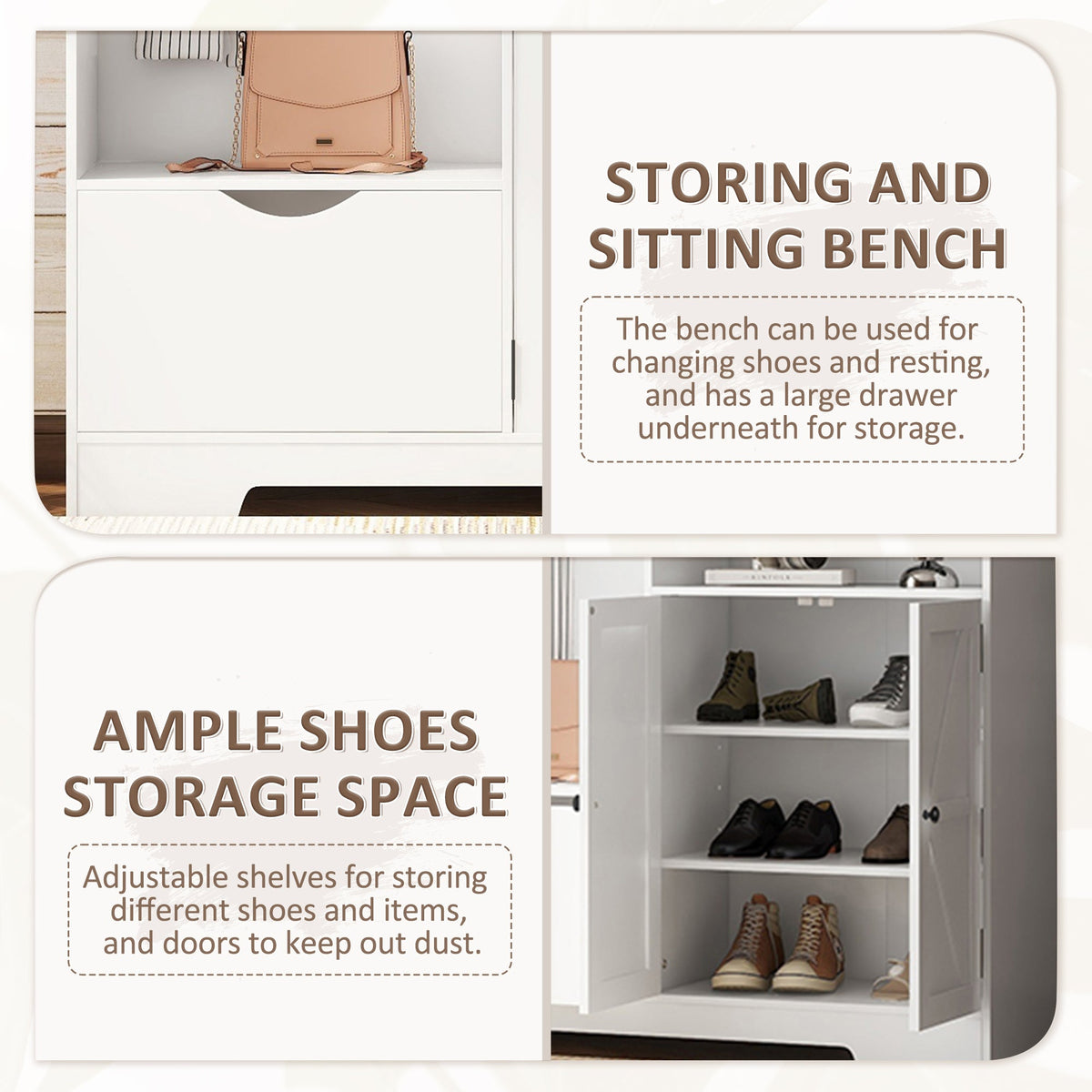 Multi-functional Hall Tree with Storage Shelves Drawers Cabinet Elegant Hallway Shoe Cabinet with Bench Modern Coat Rack White V.I.P Digital Presence
