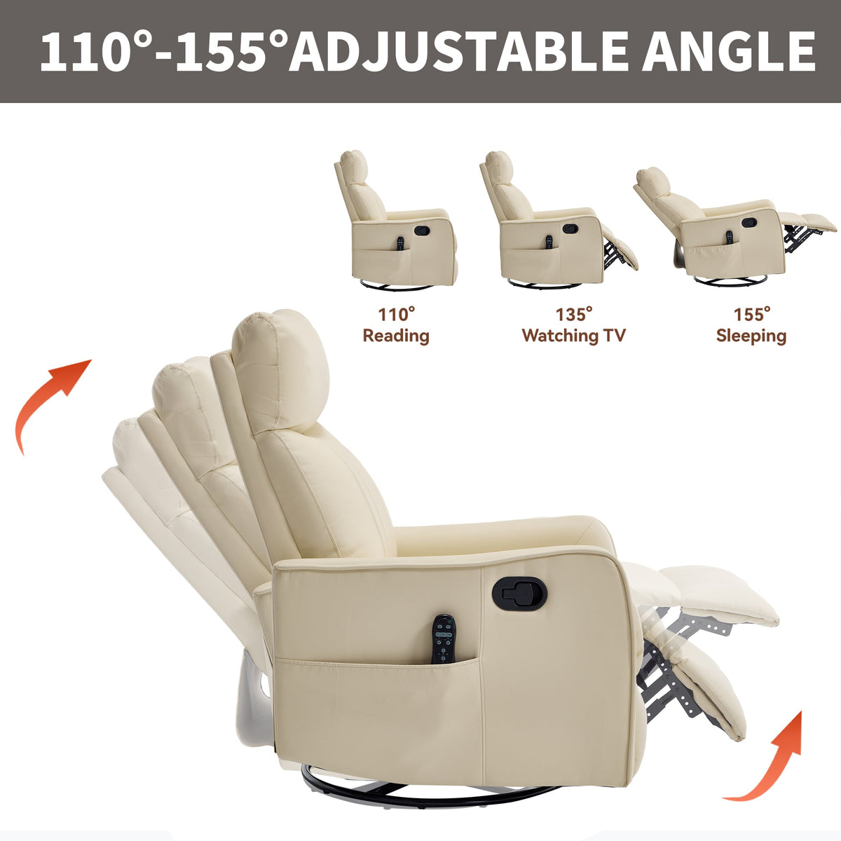 Beige Heat Massage Manual Recliner Chair with Rocker and Swivel - Beige HouseOfZazla